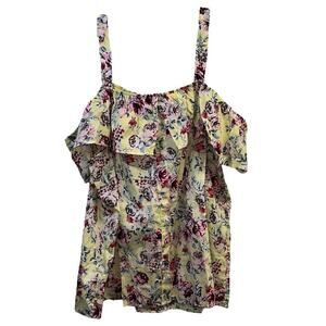 No Comment Plus Light Yellow Multicolor Floral Cold Shoulder Top Size 2X